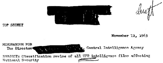 President John F. Kennedy's November 12, 1963, memorandum for The Director (name blacked out, DCI in Nov. 1963 was John McCone), Central Intelligence Agency on the "SUBJECT: Classification review of all UFO intelligence files affecting National Security." JFK was assassinated ten days later in Dallas, Texas. It is assumed that Allen W. Dulles, Director of the CIA until November 1961, replaced by John McCone, continued on in his other more powerful position as MJ-1.