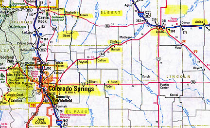 Calhan, Colorado, is on Route 24 near the center of the map. All the yellow-colored areas are sites where I have investigated unusual animal deaths since 1979.