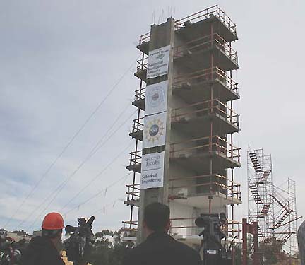 January 14, 2006 "shake table" test of 7-story building built specifically to test its strength in a seismic shaking equivalent to the January 17, 1994, Northridge earthquake. It was a 6.7 magnitude quake that killed 60 people, injured 7,000, left 20,000 homeless, and damaged more than 40,000 buildings in Los Angeles, Ventura, Orange and San Bernardino Counties. Image courtesy UCSD.