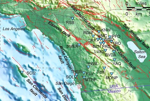 Blue triangles indicate 2006 small quake activity along San Jacinto Fault, Elsinoro Fault, and Rose Canyon Fault, while the San Andreas Fault near the Salton Sea is building more and more energy in a "locked up" mode, moving only 1 inch per year. Map source: USGS.