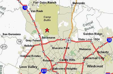 Camp Bullis Military Reservation occupies 12,000 acres on Interstate Highway 10 and Harry Wurzbach Road 17 miles northwest of San Antonio, Texas, in Bexar County, next door to Comal County. Map © by MapQuest.