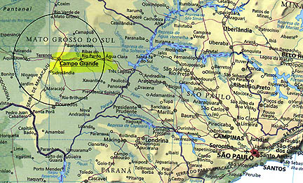 The location of Felipe Branco's 1999 encounter 100 kilometers outside Campo Grande  was in Corguinho north of Terenos in the state of Mato Grosso Do Sul, along with five other  people including Urandir Oliveira, with disc craft and three tall, blond-haired beings. The foreheads  of the blond beings lighted up andpulsed light. Mr. Oliveira's forehead also lighted up and pulsed as if in telepathic response. 