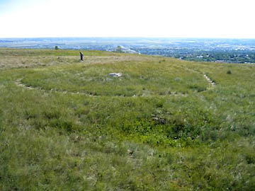 Forty-foot-diameter oval in pasture grass surrounding a natural white rock on hill above Calgary, Alberta, Canada, reported August 26, 2004. Width of ring was about eighteen inches. Photograph © Cielia Kaufman, CCCRN Alberta.