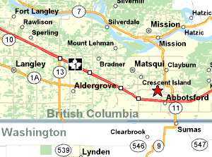 Matsqui is between Abbotsford and Mission where large crop formations in tall cattle corn have been reported in previous years. See: 10-01-02 Earthfiles; 10-03-02 Earthfiles; 10-11-02 Earthfiles; and 08-23-03 Earthfiles. Map by MapQuest.