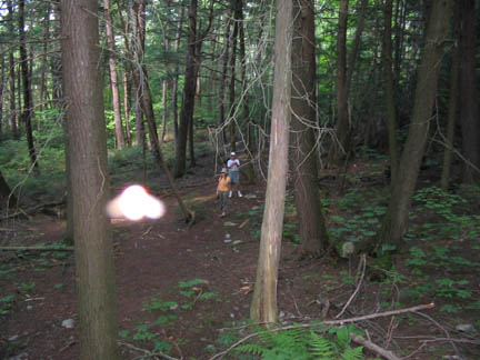 Panache Lake, southwest of Sudbury, Ontario, Canada. Late afternoon digital photograph taken inside the shady woods. The hikers did not see the mysterious light. Photograph provided by Dennis Donohue. 