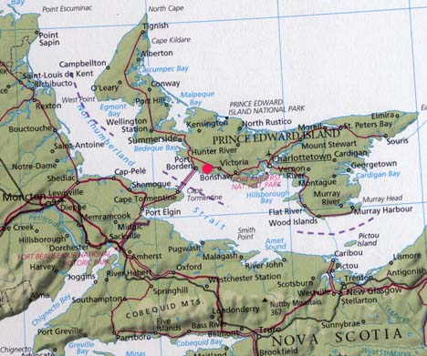 North Tryon, Prince Edward Island, Canada, is marked by the red circle on the central south side of the island province.