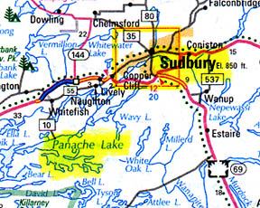 Panache Lake southwest of Sudbury is north of Toronto and not far from Lake Huron in the Great Lakes.