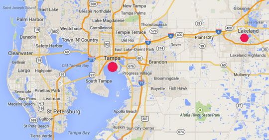Lakeland, Florida, population about 100,000, is 35 miles east of Tampa.