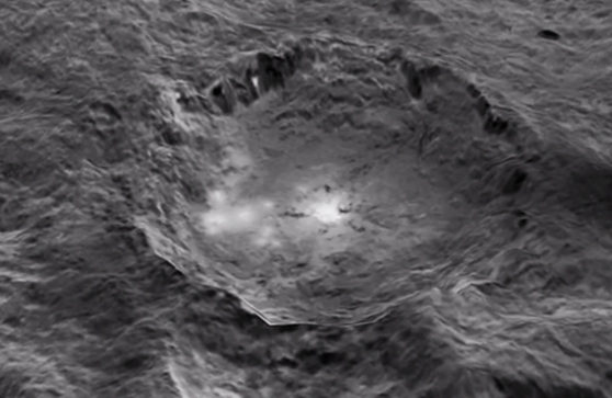 The intriguing bright spots on Ceres lie in a crater named Occator, which is about 60 miles (90 kilometers) across and 2 miles (4 kilometers) deep. This image comes from recent NASA animation generated from Dawn spacecraft data in which the vertical relief has been exaggerated by a factor of 5 to better highlight topography and subtle features. Credits: NASA/JPL-Caltech/UCLA/MPS/DLR/IDA/LPI