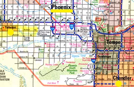 Chandler is a suburb southeast of Phoenix where a randomly downed crop formation was discovered by Michael A. Polani on March 25, 2007. Two years ago in May 2005, other odd randomly downed patterns in barley were found on the west side of Phoenix in the suburb of Tolleson.