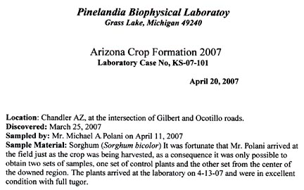 Biophysicist W. C. Levengood's Pinelandia Biophysical Laboratory Case No. KS-07-101 about his analysis of the Sorghum bicolor plants in the Chandler, Arizona, randomly downed formation first discovered on March 25, 2007, by Michael A. Polani.