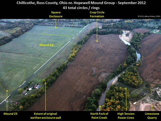 Ancient Hopewell Mound 25 on lower left had a metal artifact that had seven cutouts  along the side of a copper rectangle and a curving circle cut out from the middle of the rectangle. Titled image © 2012 by Jeffrey Wilson.