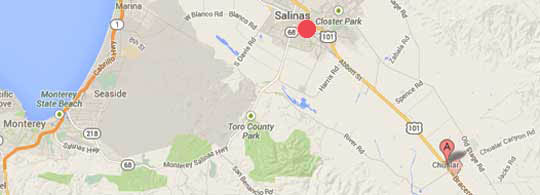 Chualar (CHOO-ah-lahr), California, is 11 miles southeast of Salinas. Chualar Canyon Road runs southwest to northeast through Chualar. The barley pattern was set a little southeast to northwest in its orientation in the field with a telephone pole at the center south end.