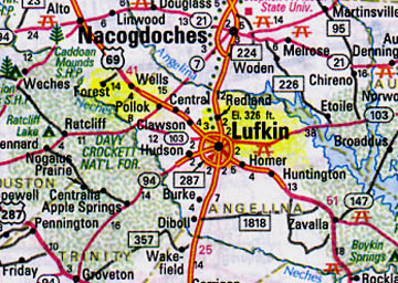 Pollok, Texas, is northwest of Lufkin, which is north of Galveston, Texas on the Gulf.