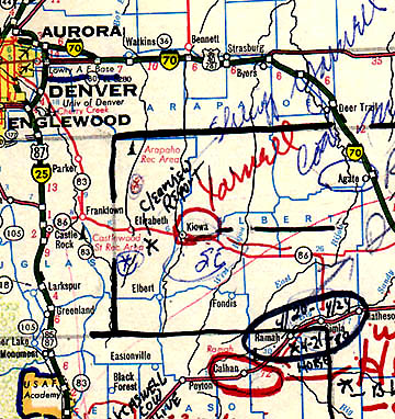 Portion of my original 1979 map that I wrote on concerning animal mutilation sites and the Clearview Report location between Elizabeth and Kiowa in Elbert County, Colorado, while the television crew and I produced the documentary A Strange Harvest which first broadcast on May 28, 1980 on KMGH-TV, Channel 7, Denver, Colorado.