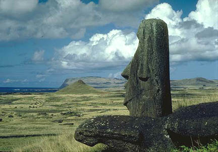 Treeless Easter Island once was covered with tall palm forests, woody bushes and 25 nesting seabird species. But after all the trees were cut down to transport and erect the stone statues, the society collapsed. Photograph © Martin Gray.