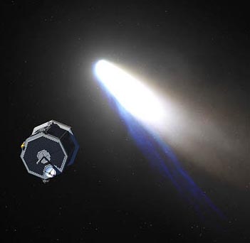 NASA artist's conception of Comet Nucleus Tour (CONTOUR) spacecraft approaching one of the comets it planned to study, including Comet Encke in 2003, Comet Schwassman-Wachmann 3 in 2006 and Comet d'Arrest in 2008.
