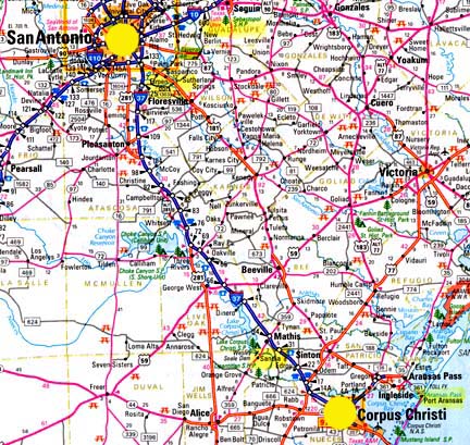 Corpus Christi, on the Gulf of Mexico, is 120 miles southeast of San Antonio. Both regions have had cat and cattle mutilations, as indicated by the yellow regions on the map.