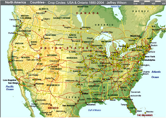 Between 1880 and 2004, locations for three hundred sixty-eight crop formation events in United States and Ontario, Canada, have been marked by yellow circles on the map by Jeffrey Wilson, Director, Independent Crop Circle Research Association (ICCRA). Map © 2004 by Jeffrey Wilson.