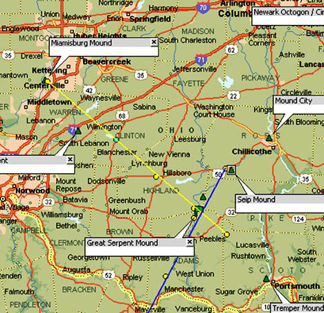 Ohio Crop Formation Alignments Map for 2003 (blue line) and 2004 (yellow line) which cross near Ohio's Great Serpent Mound © 2004 by Jeffrey Wilson, ICCRA.