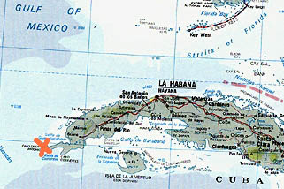 A half mile down in the waters of Cabo de San Antonio off the western tip of Cuba's Guanahacabibes marked by red X is a 20-kilometer square area of clean, white sand punctuated by tall, megalithic stones or structures  first reported in May 2001 by Paulina Zelitsky, Ocean Engineer, Havana, Cuba.