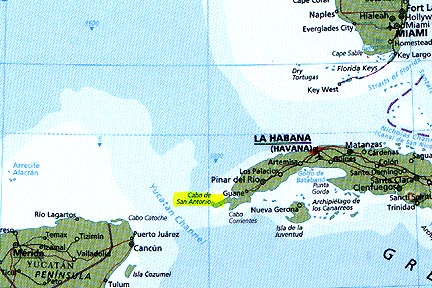 Northeast of Cabo de San Antonio, marked in yellow, and down about one-half mile off the western tip of Cuba are large stones in rectangular and pyramidal shapes. There are also huge unidentified structures that have 90-degree corners and are spread along straight corridors on the white sea floor sand.