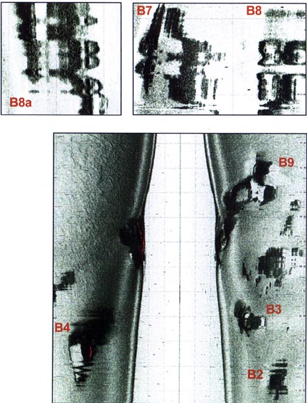 Original high resolution side scan sonar images of large structures a half mile down on the white sand sea floor off the western tip of Cuba, received by an ADC International, Inc. expedition in 2000 directed by Paulina Zelitsky and Paul Weinzweig, Owners, Advanced Digital Communications International, Inc. of Havana, Cuba. Sonar images © 2000 by ADC International, Inc. and used with permission.