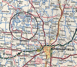 Dadeville, near the center of the circle, is about 40 miles northwest of Springfield, Missouri.