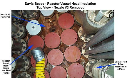 Above: Cracked Nozzle # 3 (missing in this photograph) was undergoing repairs when a piece of nozzle sleeve fell into hole. That lead to discovering the nozzle hole was filled with leaking boric acid. Below: The boric acid ate away into the steel cladding around Nozzle #3. Images from Nuclear Regulatory Commission.