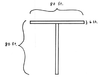 Eighty feet by six feet thin corridors made up the two sections of the "T" pattern cut out in the willow and poplar saplings. Diagram by Linda Moulton Howe.