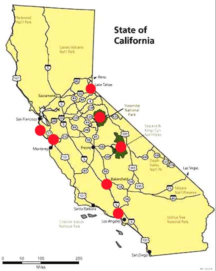 Red circles mark sites where odd, aerial drones have been reported in California, including Big Basin Redwood State Park and Capitola north of Monterey; Lake Tahoe; Yosemite National Park; Sequoia and Kings Canyon National Park; Bakersfield general region; and Northridge, California, near Los Angeles. Outside California eyewitness locations have been May 2006 in Birmingham, Alabama; 1987 in Barksdale AFB, Louisiana; and June 25, 2007, near Maxwell AFB, Montgomery, Alabama.