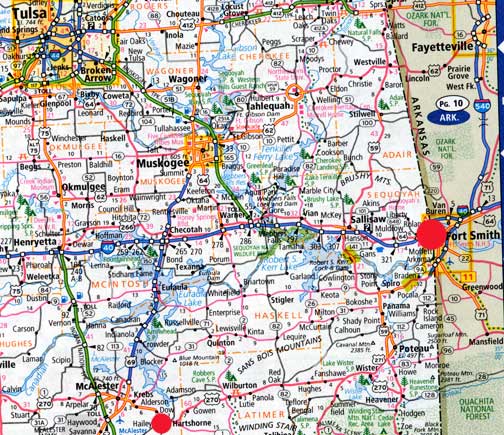 Hartshorne, Oklahoma (bottom red circle) is about two hours southwest of Van Buren, Arkansas, a suburb of Fort Smith. Jane Smith in Hartshorne saw a Big-Basin-type drone twice in June 2003, at her rural home. Her sister, Melody Thaxton, saw a Chad-type drone on or about November 20, 2007, from her Van Buren, Arkansas, office parking lot.