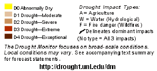  August 20, 2002 map prepared by the National Drought Mitigation Center at the University of Nebraska in Lincoln, Nebraska. Thirty-seven states as of August 20, 2002 are experiencing abnormally dry to exceptionally severe drought. In July 2002, all continental states had areas of drought for the first time since the National Drought Monitor began its maps in 1999. 