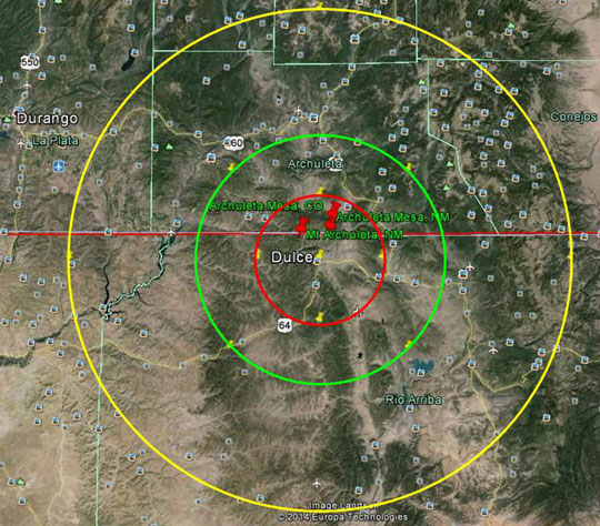 There are three different Archuleta names within a 20 mile radius north of Dulce, New Mexico. Closest is Archuleta Mesa, NM, 4.5 miles north of Dulce. Next is Mt. Archuleta, NM, which is 5 miles northwest. Third is Archuleta Mesa, Colorado, 6.5 miles north and across the state border. The “Dulce Grey ET Facility” is allegedly underground Archuleta Mesa and Mt. Archuleta,NM.
