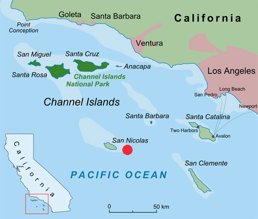 Naval Auxiliary Air Station on San Nicolas Island (9 x 4 miles) in the Santa Barbara Channel is 75 miles west of Los Angeles.
