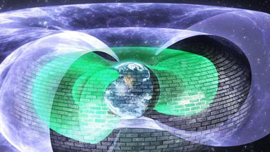 Scientists have discovered that high-energy electrons from the sun and cosmic rays are being cutoff around 7,200 miles from Earth, as if the “killer electrons” traveling at 100,000 miles per second are slamming into an invisible brick wall. Illustration © 2014 by Andy Kale, Univ. of Alberta, Canada.