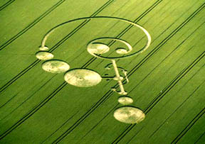 454-foot-long formation in wheat at East Field near Alton Barnes, Wiltshire, England, reported on June 20, 2004. Aerial photograph © 2004 by Lucy Pringle.