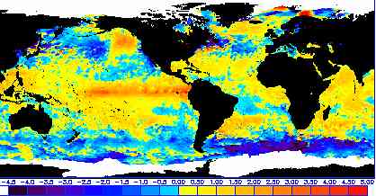  NOAA climatologists currently classify the El Nino  still growing in the Pacific Ocean (red band on yellow above)  as moderate, but the ocean waters continue to warm and El Nino  climate conditions are expected to dominate through February 2003. Map  courtesy National Environmental Satellite, Data and Information Service of NOAA.