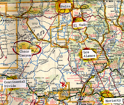 A triangle of sensitive geographic areas and three secret experimental microwave radar stations. Construction begun in late 1947 of El Vado (AFS-P8), Moriarty (AFS-P7), and Continental Divide (AFS-P51). The three radar stations were part of the U. S. Aircraft Control and Warning (AC&W) system that also became known as LASHUP. One of El Vado's specific missions was to protect the Los Alamos Laboratory and the Atomic Energy Commission's atomic bomb production at Los Alamos and Sandia Base.