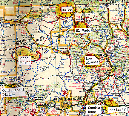  A triangle of sensitive geographic areas and three secret experimental microwave radar stations. Construction begun in late 1947 of El Vado (AFS-P8), Moriarty (AFS-P7), and Continental Divide (AFS-P51). The three radar stations were part of the U. S. Aircraft Control and Warning (AC&W) system that also became known as LASHUP. One of El Vado's specific missions was to protect the Los Alamos Laboratory and the Atomic Energy Commission's atomic bomb production at Los Alamos and Sandia Base.