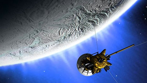 This is an artist concept of Cassini spacecraft making its August 2015 close flyby about 31 miles (50 km) from the ice water venting from the Enceladus ocean. Image credit: NASA/JPL
