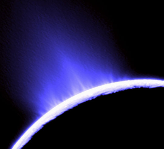 This image of water geysers spouting from Saturn's moon Enceladus was taken by  NASA's Cassini orbiter in October 2007. Credit: Cassini Imaging Team, SSI, JPL, ESA, NASA.