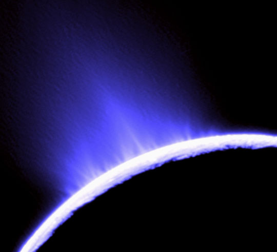 This image of water geysers spouting from Saturn's moon Enceladus was taken by NASA's Cassini orbiter in October 2007. Credit: Cassini Imaging Team, SSI, JPL, ESA, NASA.