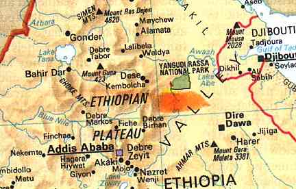 140 miles northeast of Ethiopia's capital, Addis Ababa, near the Awash River marked in orange, paleontologists have discovered bones of a primate dubbed Ardipithecus ramidus kadabba which might have been the first upright ancestor to human lineage 5.8 million years ago.