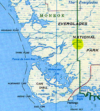 Yellow spot marks the site in the Shark Slough about 3 to 4 miles NNW of Pay-hay-okee Overlook in Everglades National Park where a partly digested 6.5-foot-long American alligator was found on September 26, 2005, hanging out of a headless, 13-foot-long Burmese python's belly.