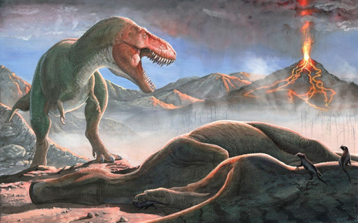 The “double whammy” of global volcanic agitation of Earth 66 million years ago  at the same time that a 6-mile wide outer space chunk of rock or ice slammed  into the Gulf of Mexico caused K-T boundary mass extinctions on Earth.  Illustration © by Sergey Krasovskiy/Corbis.