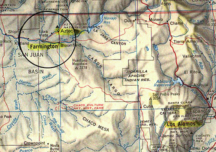  Farmington and Aztec, New Mexico 100 air miles northwest of the Los Alamos National Laboratory where the atomic bomb was secretly developed in the 1940s. Espanola, the Jicarilla Apache Indian Reservation, Chama, Tierra Amarilla and Dulce are all areas where many unusual bloodless, trackless animal mutilations have also been reported since the 1960s. 