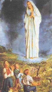 Classic Catholic Church depiction of the 1917 Fatima apparition and children.