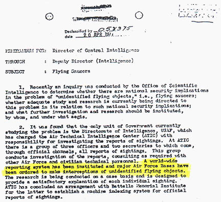 September 24, 1952, Memorandum For Director of Central Intelligence (CIA) from H. Marshall Chadwell, Assistant Director, Scientific Intelligence, on the "Subject: Flying Saucers."
