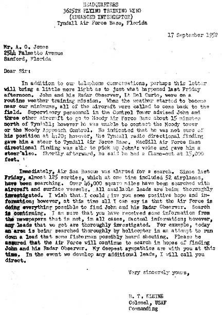  September 17, 1952, letter to Ashby Glen Jones about his brother's disappearance from Col. B. T. Kleine, Commanding, Headquarters 3625th Flying Training Wing (Advanced Interceptor), Tyndall Air Force Base, Panama City, Florida.